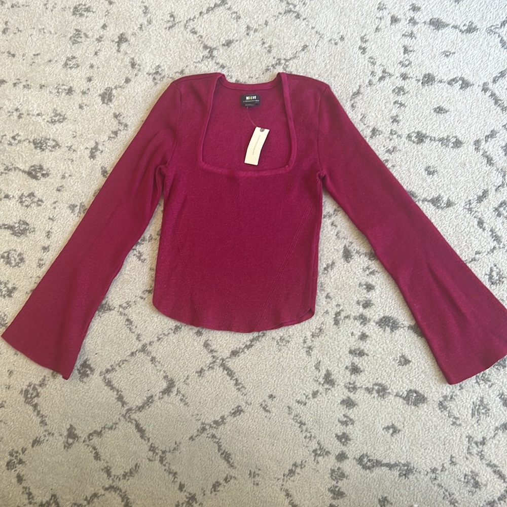 Maeve by Anthropologie‎ NWT Square Neck Bell Sleeve Sweater Raspberry Sparkle - Picture 5 of 9